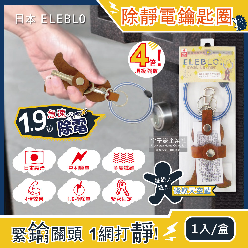 日本ELEBLO-頂級4倍強效條紋編織除靜電薑餅人造型皮革鑰匙圈-條紋天空藍1入/盒(1.9秒急速除靜電)✿70D033